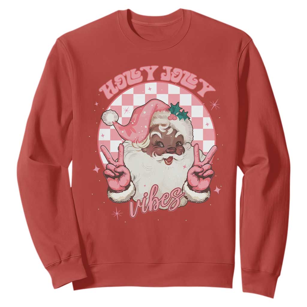 Funny Pink Christmas Retro Black Santa Sweatshirt Holly Jolly Vibes Checkboards TS11