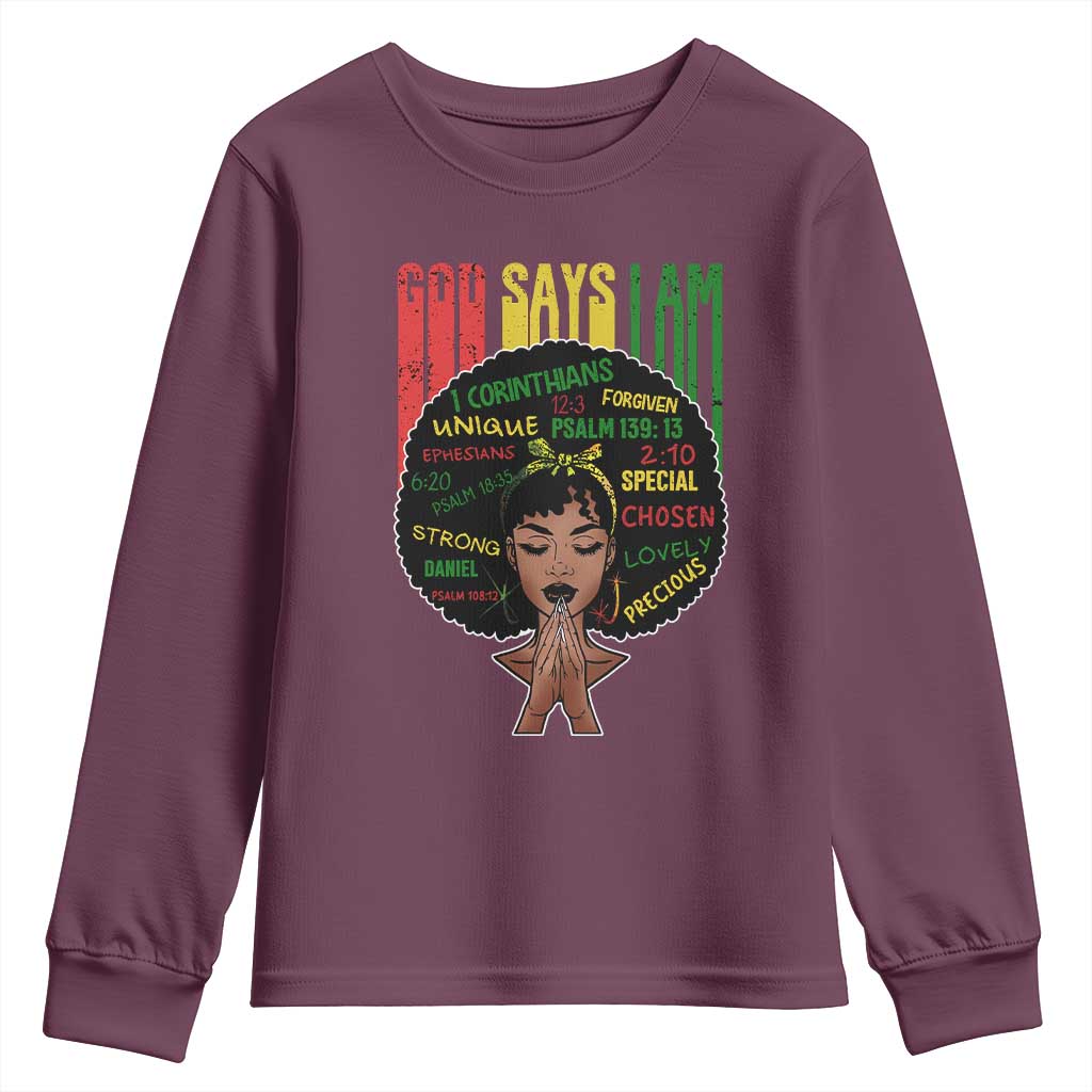 Proud Black African American Youth Sweatshirt God Says I Am Black History Month Retro Afro Girl TS11