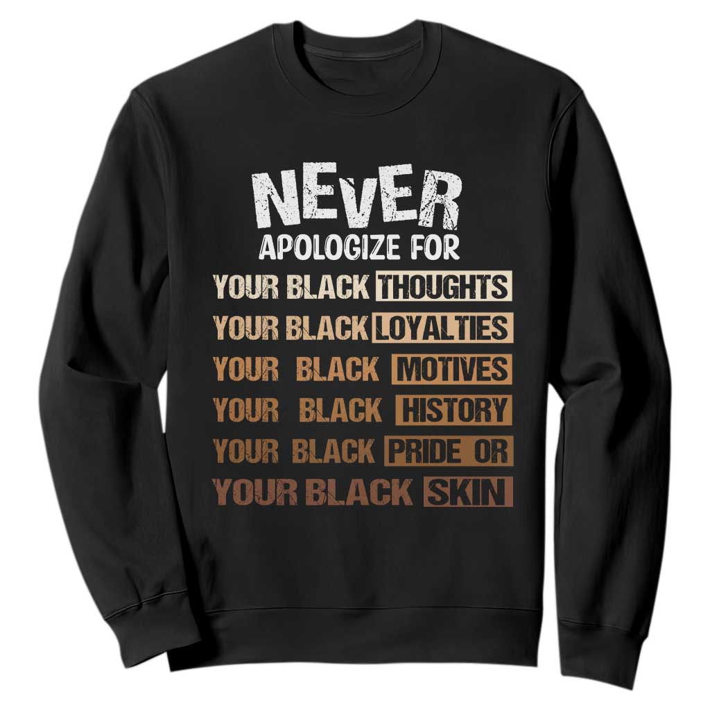 Never Apologize For Your Black Thoughts Loyalties Motives History Pride Or Skin Sweatshirt Pride African American Black History Month TS11