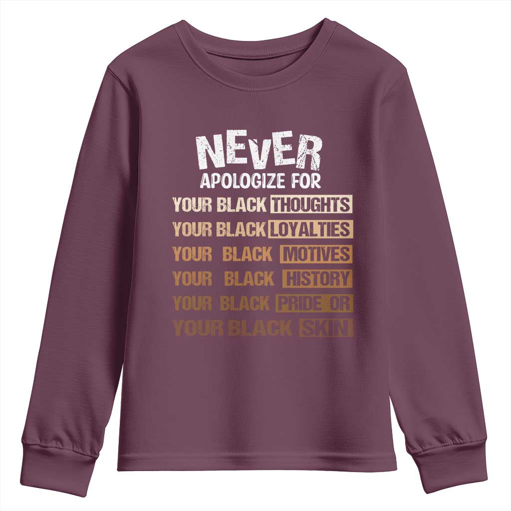 Never Apologize For Your Black Thoughts Loyalties Motives History Pride Or Skin Youth Sweatshirt Pride African American Black History Month TS11