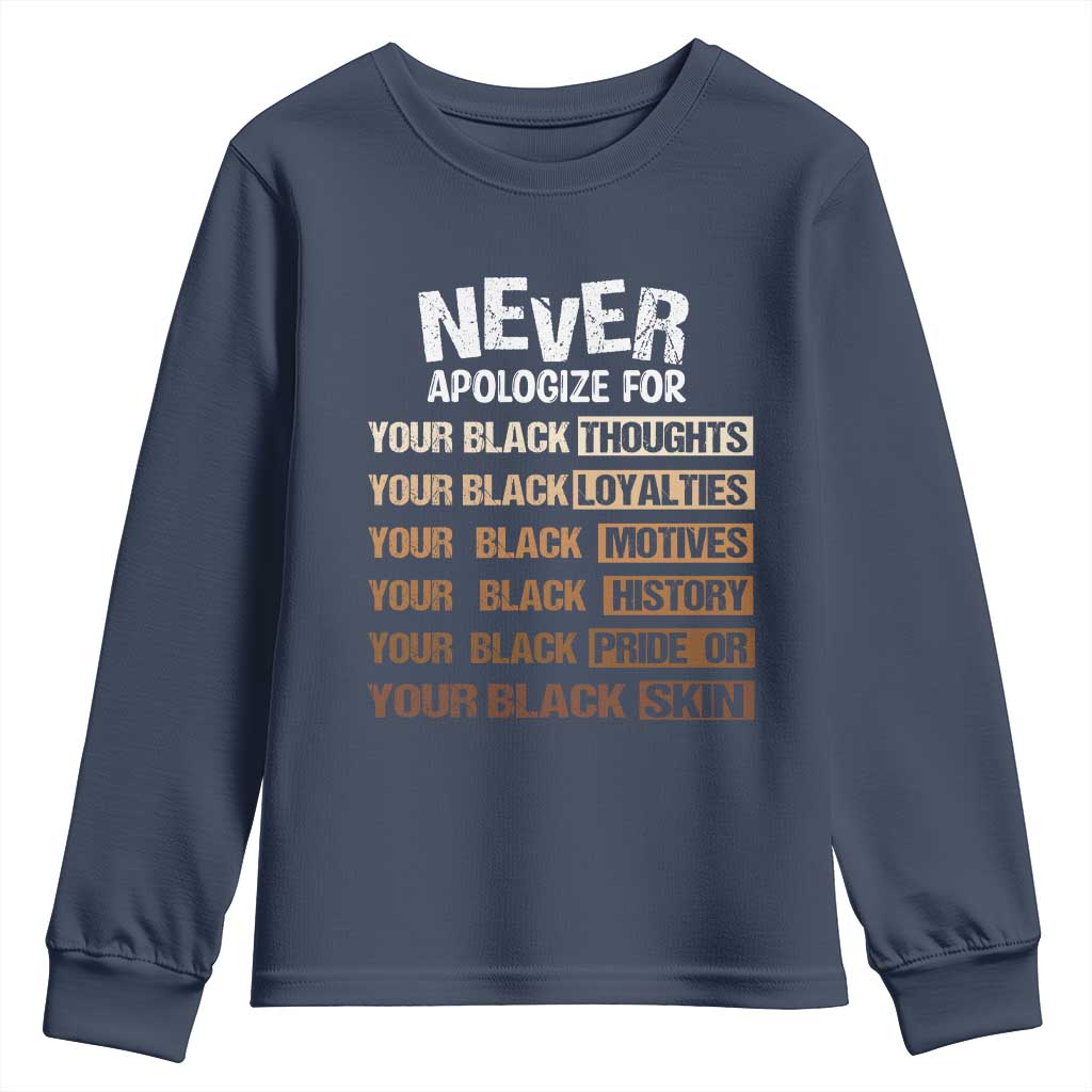 Never Apologize For Your Black Thoughts Loyalties Motives History Pride Or Skin Youth Sweatshirt Pride African American Black History Month TS11