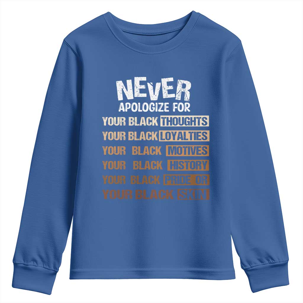 Never Apologize For Your Black Thoughts Loyalties Motives History Pride Or Skin Youth Sweatshirt Pride African American Black History Month TS11