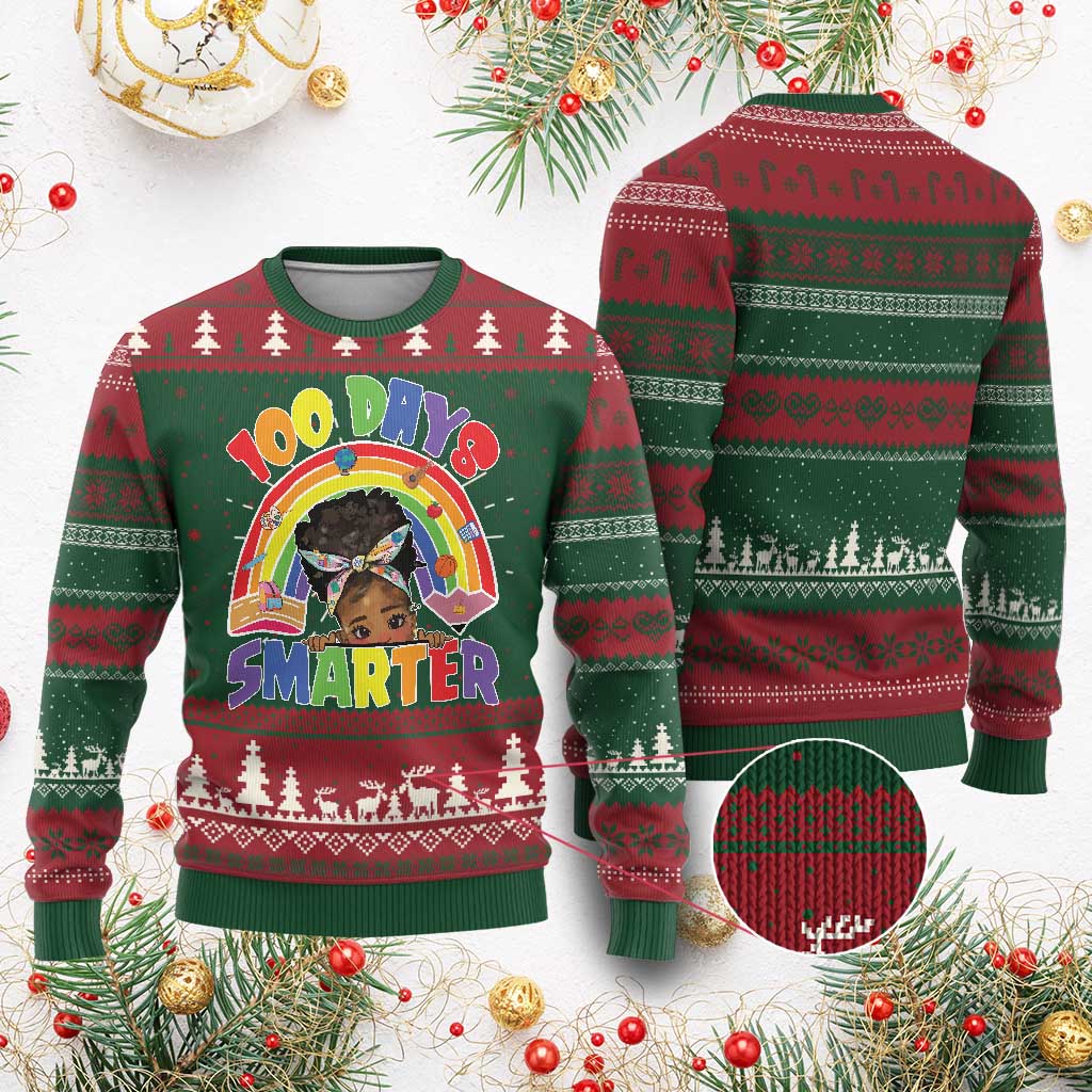 Funny 100 Days Smarter Afro African American Girl Ugly Christmas Sweater 100th Day Of School TS11