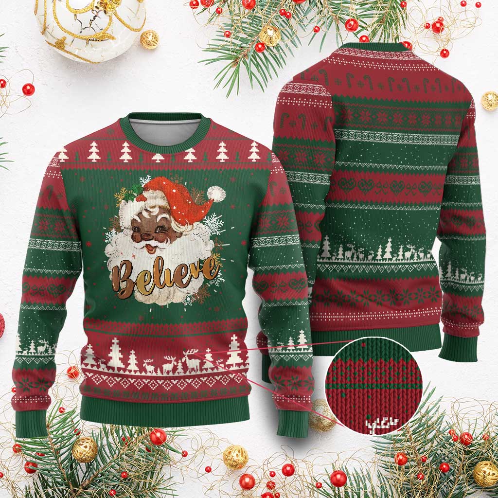 Funny Xmas Black Santa Ugly Christmas Sweater Believe Retro African American Christmas TS11