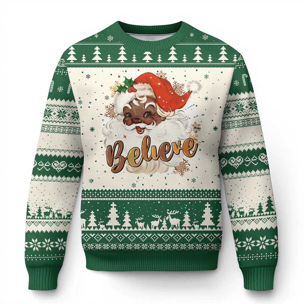 Funny Xmas Black Santa Ugly Christmas Sweater Believe Retro African American Christmas TS11