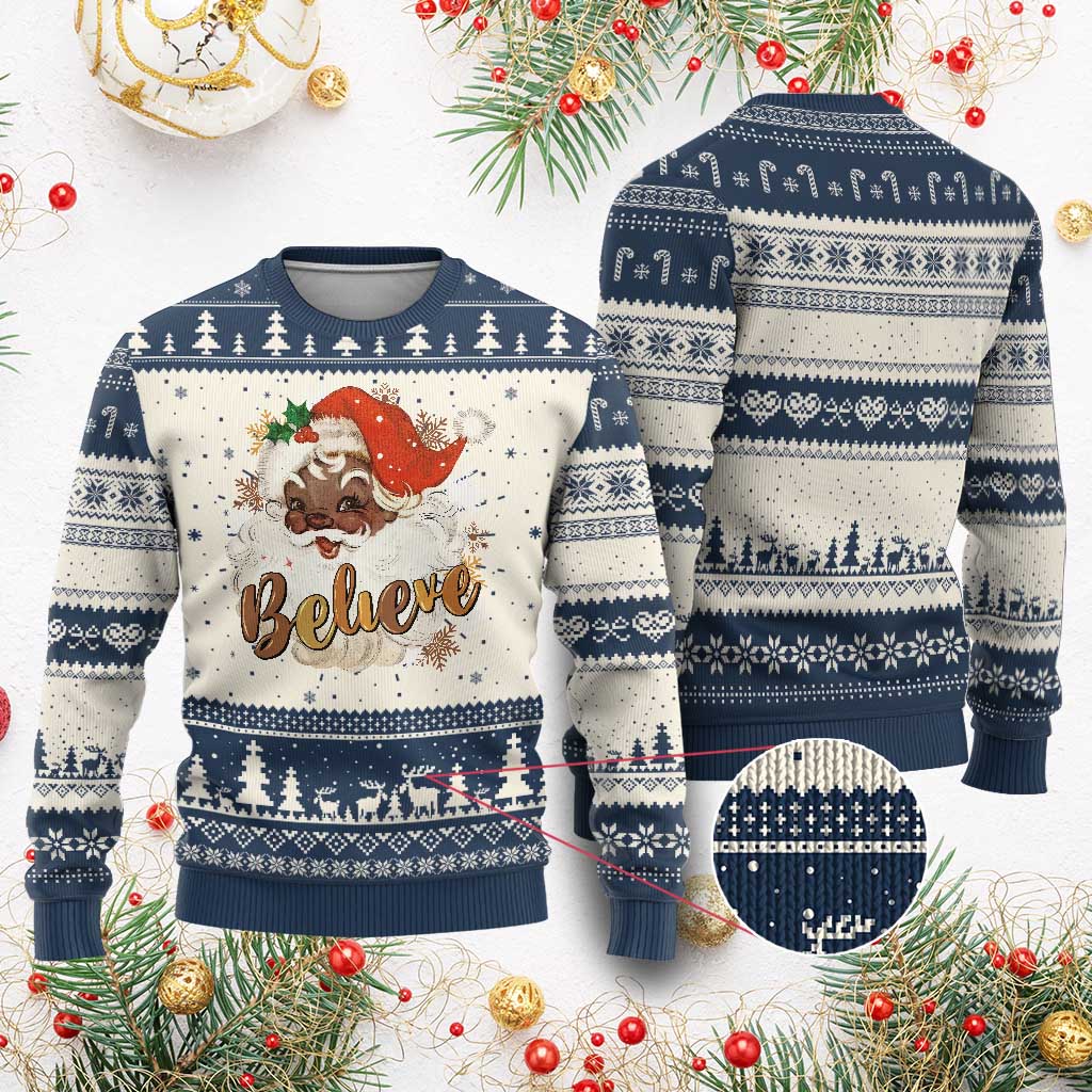 Funny Xmas Black Santa Ugly Christmas Sweater Believe Retro African American Christmas TS11