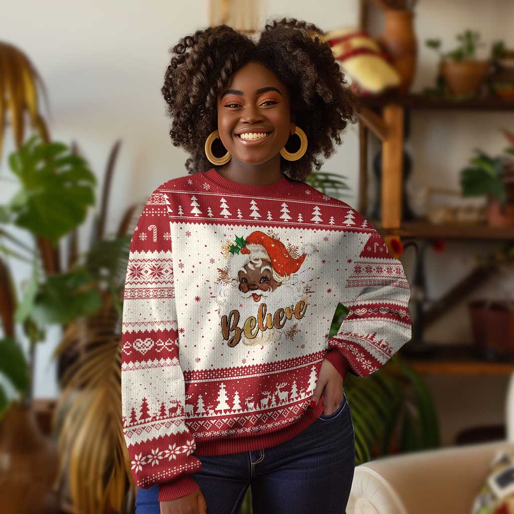 Funny Xmas Black Santa Ugly Christmas Sweater Believe Retro African American Christmas TS11