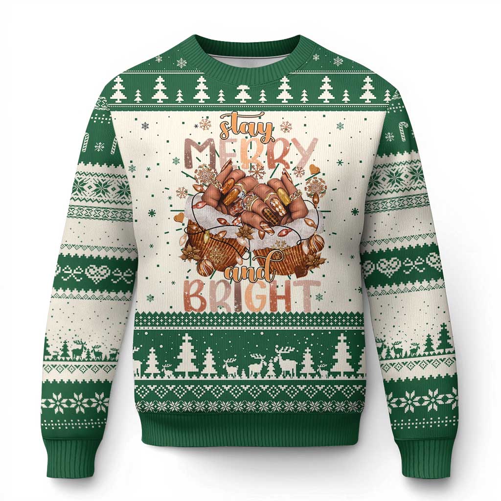 Funny Xmas African American Ugly Christmas Sweater Stay Merry And Bright Black Melanin Girl Nails TS11