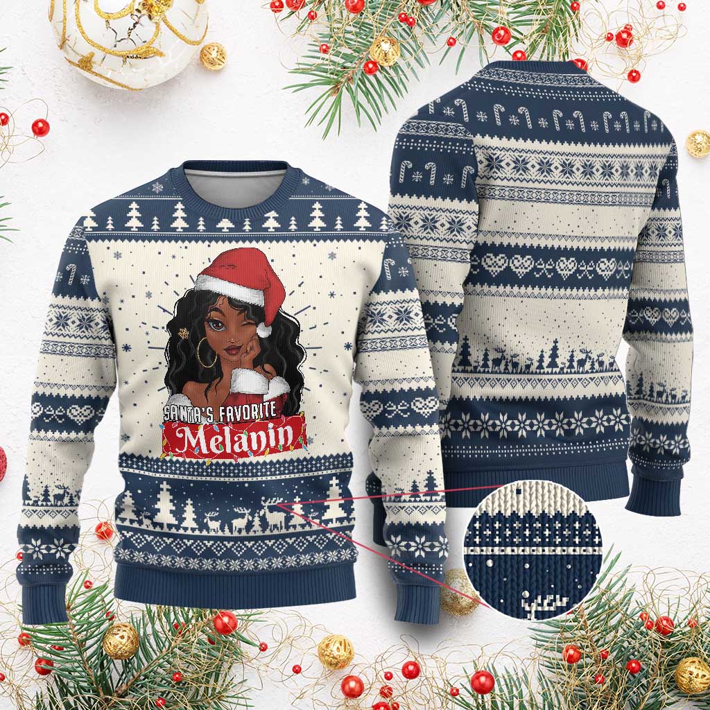 Xmas African American Ugly Christmas Sweater Santa's Favorite Melanin Black Santa Girl TS11