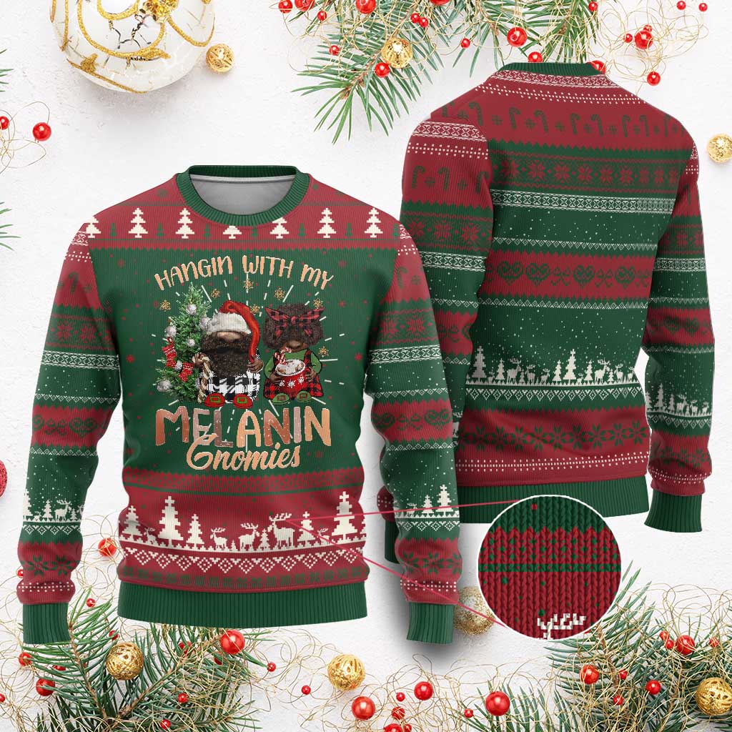 Funny Xmas African American Ugly Christmas Sweater Hangin With My Melanin Gnomies Afro Gnomes TS11