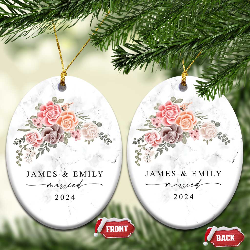 Personalized First Christmas Married 2024 Christmas Ornament Custom Name Couple Vintage Rose Flowers TS11