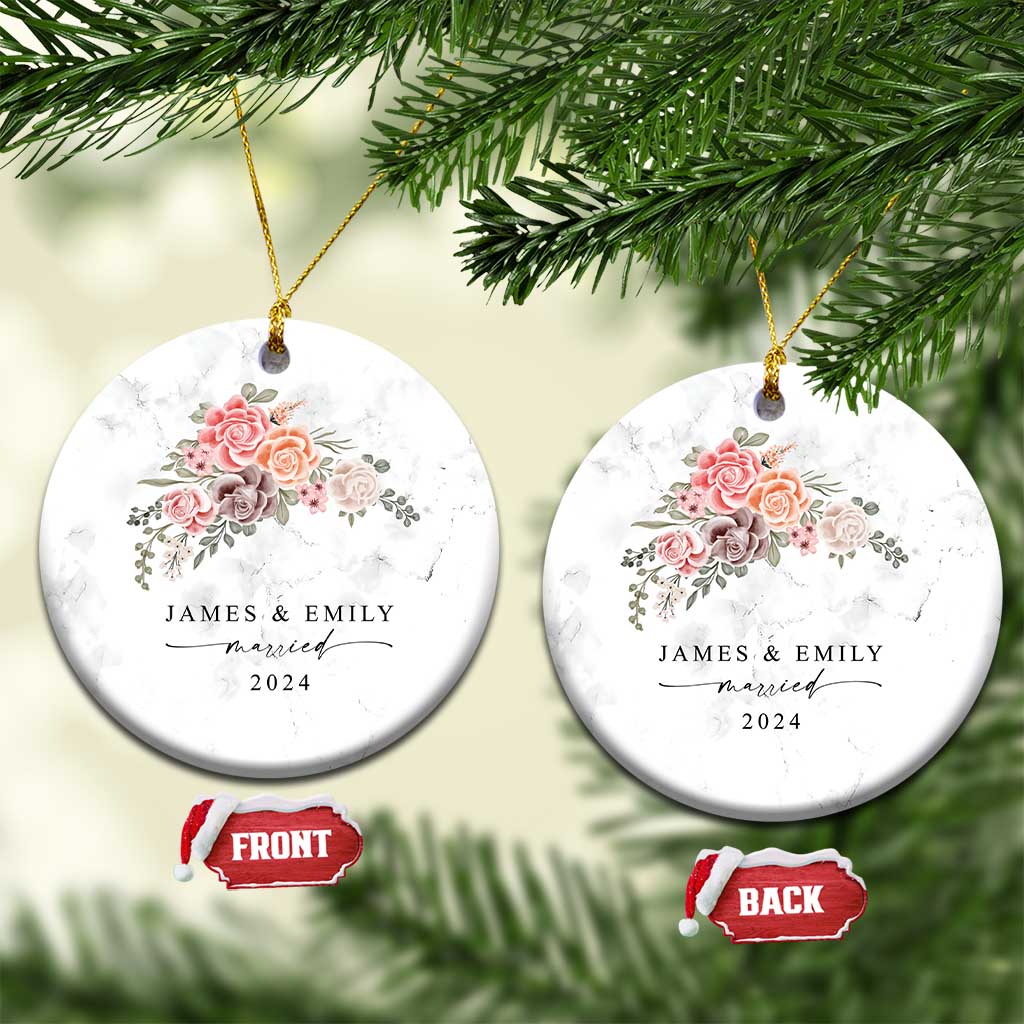 Personalized First Christmas Married 2024 Christmas Ornament Custom Name Couple Vintage Rose Flowers TS11