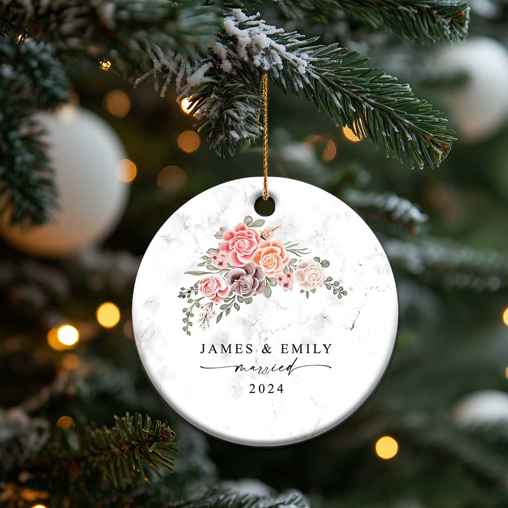 Personalized First Christmas Married 2024 Christmas Ornament Custom Name Couple Vintage Rose Flowers TS11
