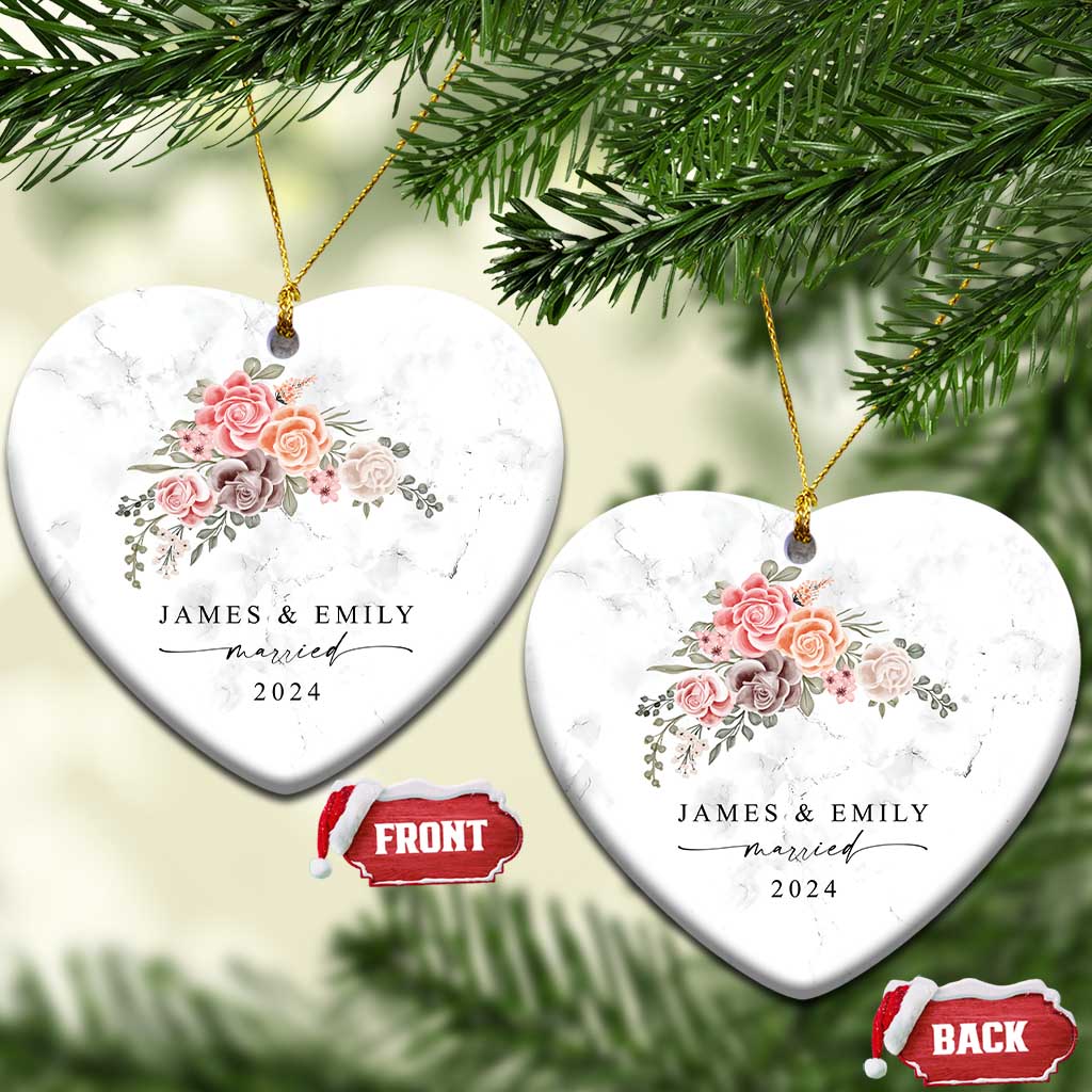 Personalized First Christmas Married 2024 Christmas Ornament Custom Name Couple Vintage Rose Flowers TS11