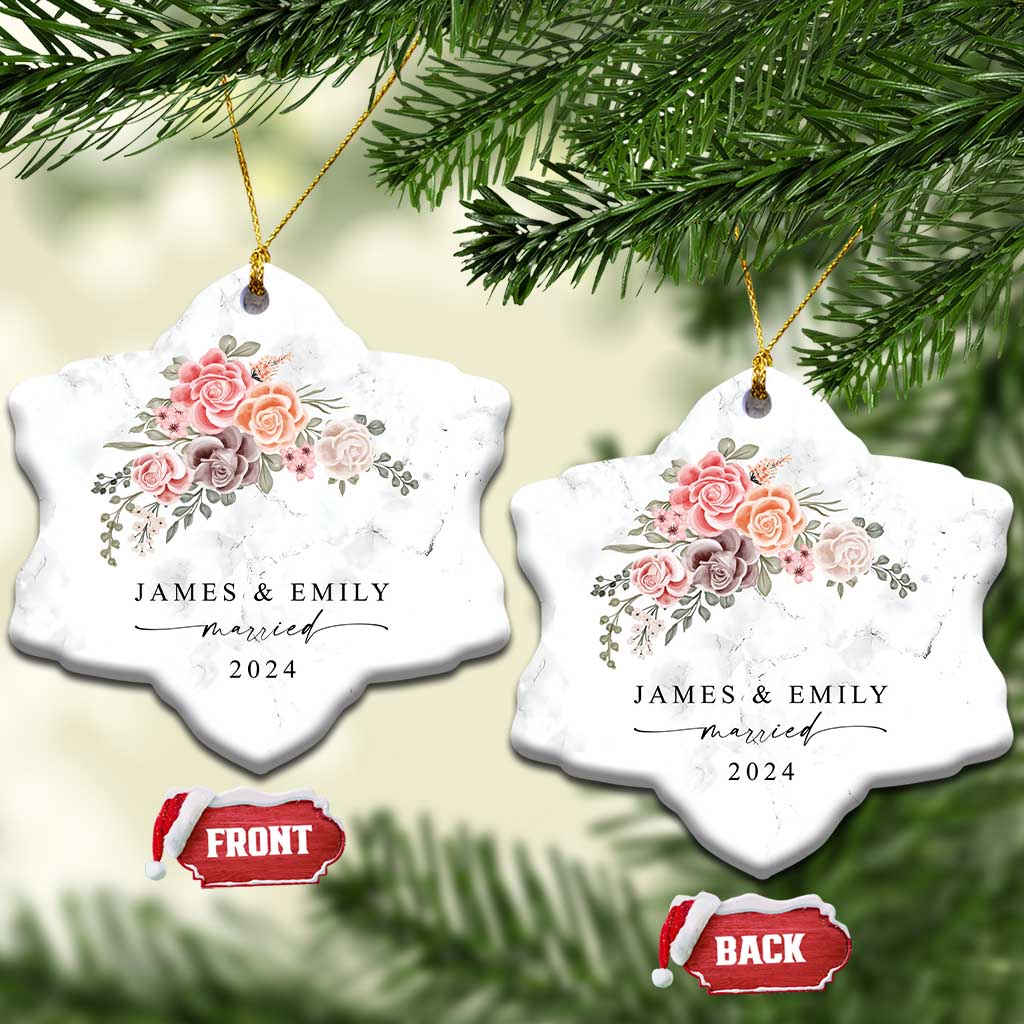 Personalized First Christmas Married 2024 Christmas Ornament Custom Name Couple Vintage Rose Flowers TS11