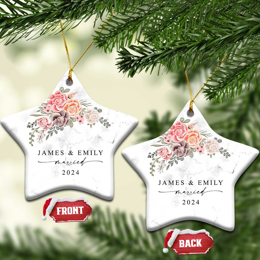 Personalized First Christmas Married 2024 Christmas Ornament Custom Name Couple Vintage Rose Flowers TS11