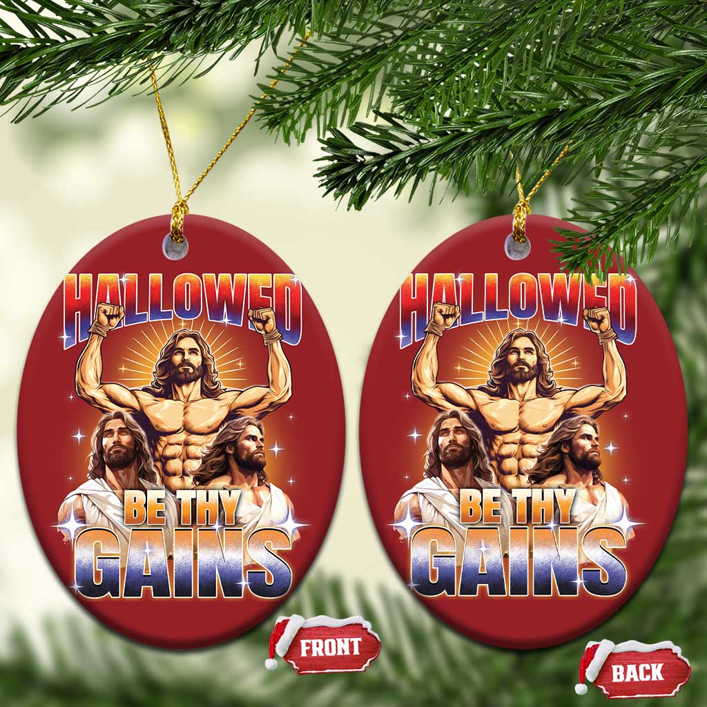 Funny Muscle Jesus Workout Christmas Ornament Hallowed Be Thy Gains Weightlifting Humor TS11