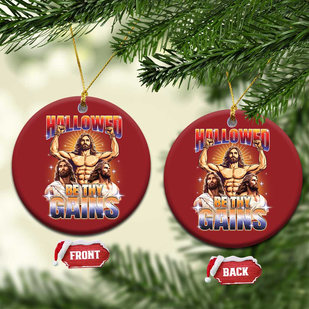 Funny Muscle Jesus Workout Christmas Ornament Hallowed Be Thy Gains Weightlifting Humor TS11