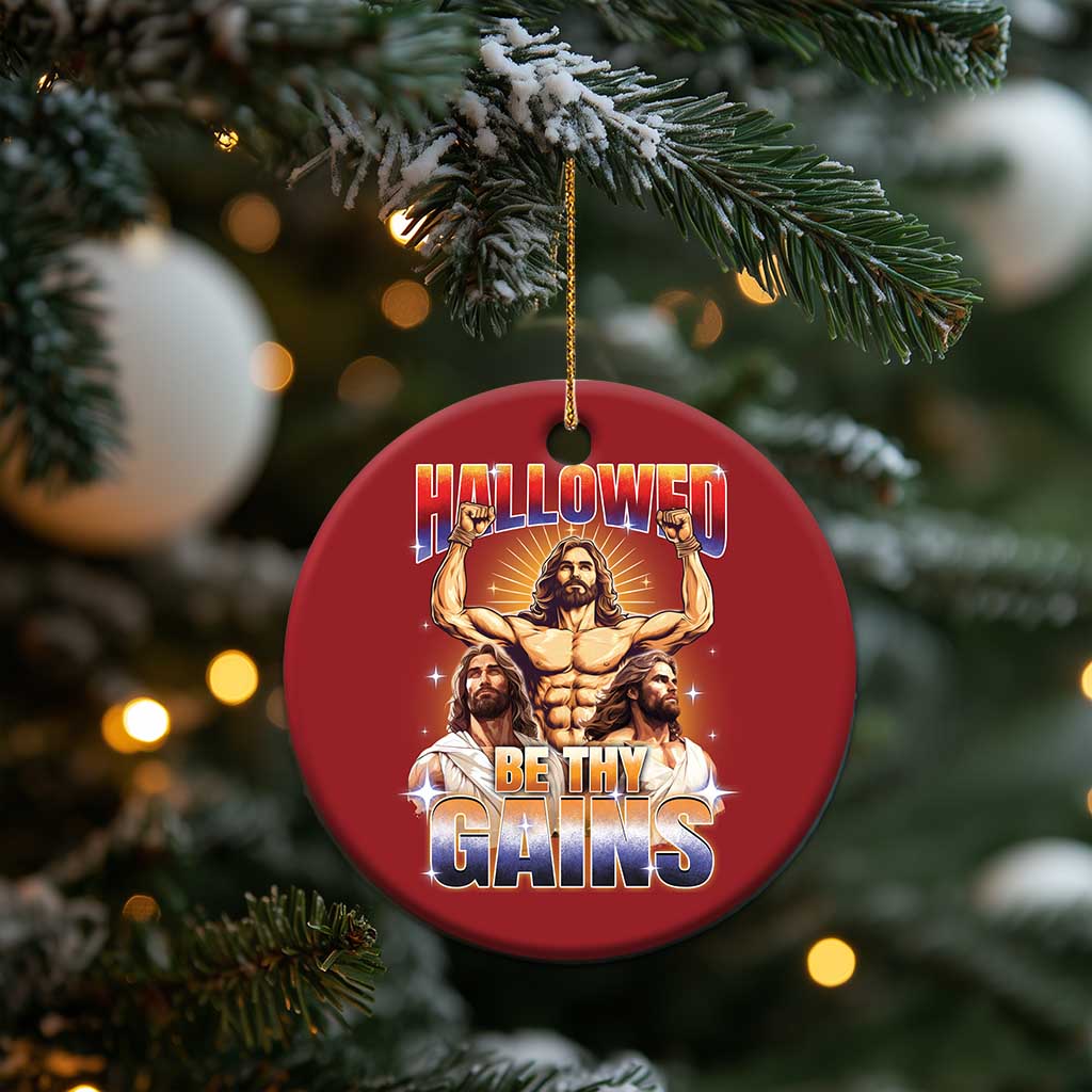 Funny Muscle Jesus Workout Christmas Ornament Hallowed Be Thy Gains Weightlifting Humor TS11