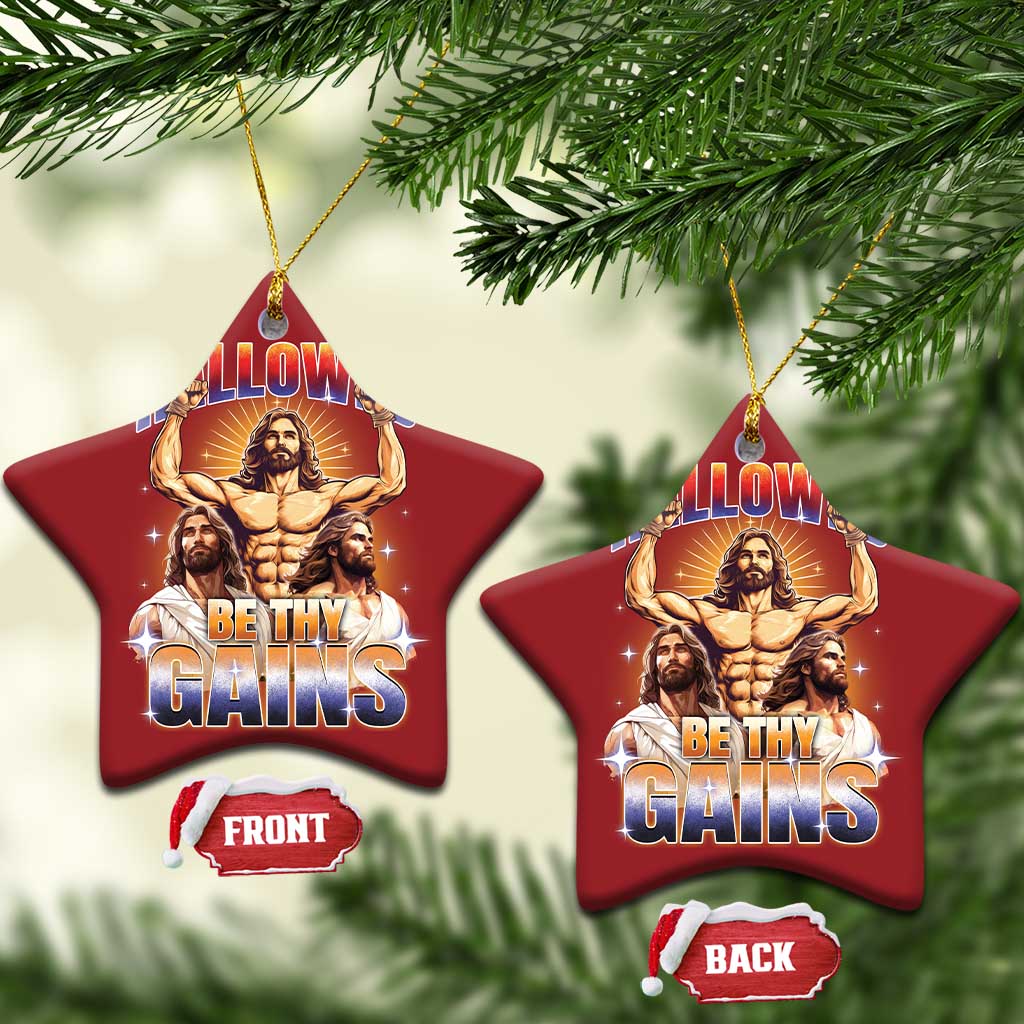 Funny Muscle Jesus Workout Christmas Ornament Hallowed Be Thy Gains Weightlifting Humor TS11