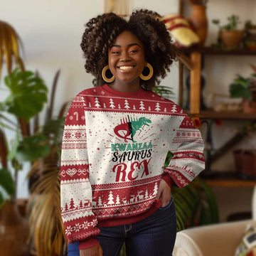 Kwanzaa Saurus Rex Kinara Candles Dinosaur T-rex African Heritage Holiday Ugly Christmas Sweater TS11