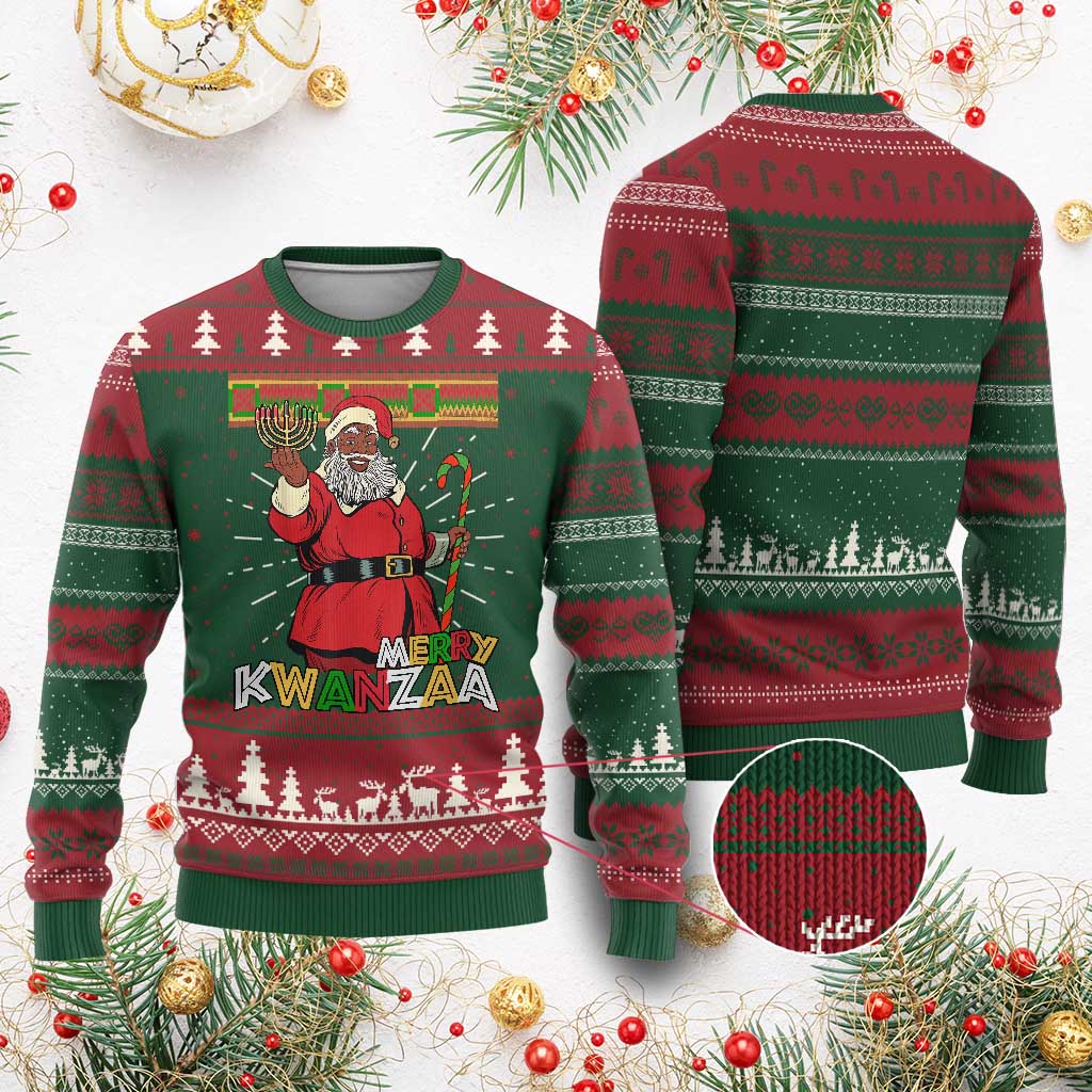 Funny Merry Kwanzaa Xmas Ugly Christmas Sweater African American Holiday Black Santa Kinara Candles TS11