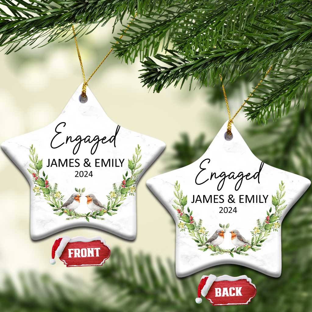 Personalized Engaged 2024 Christmas Ornament Custom Name Mr & Mrs Engagement Bird Mistletoe TS11