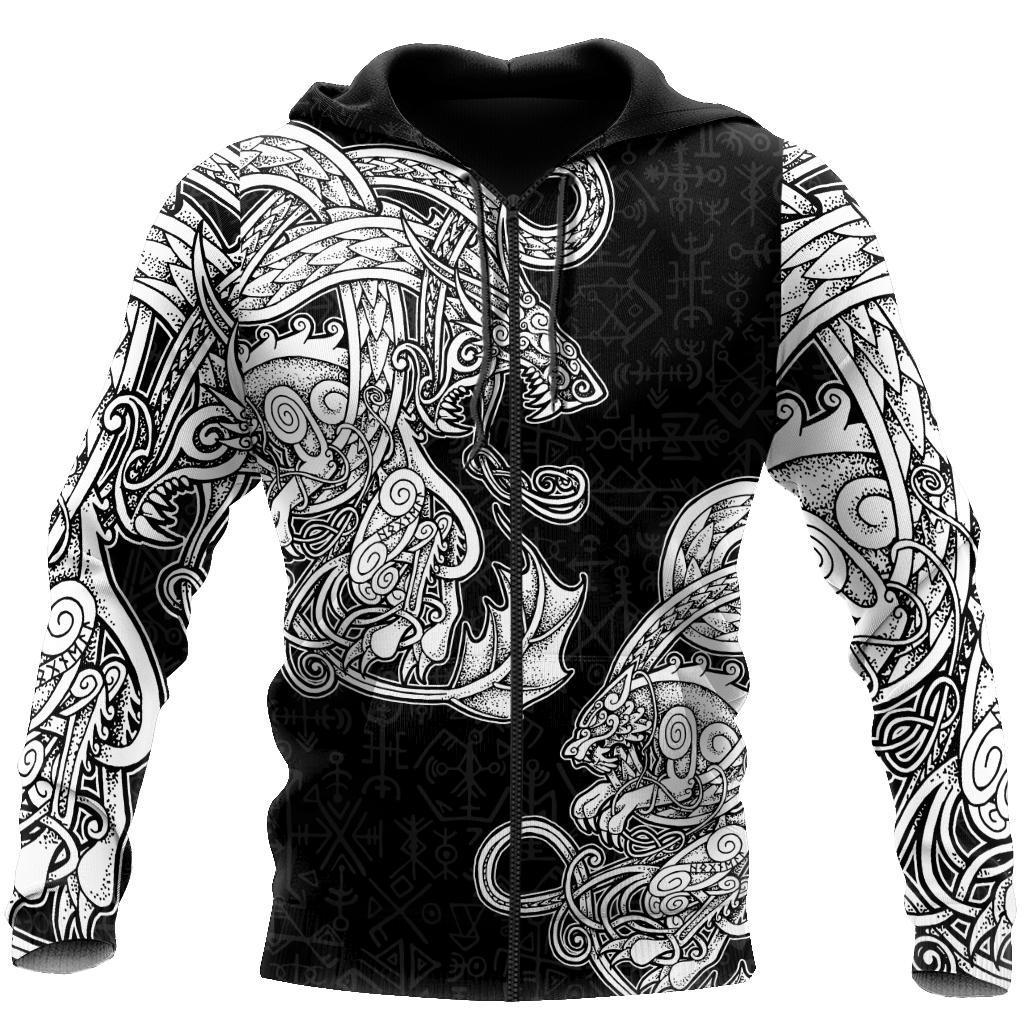 Viking Zip Hoodie - White Jormungandr and Fenrir Vikings 3D RLT12