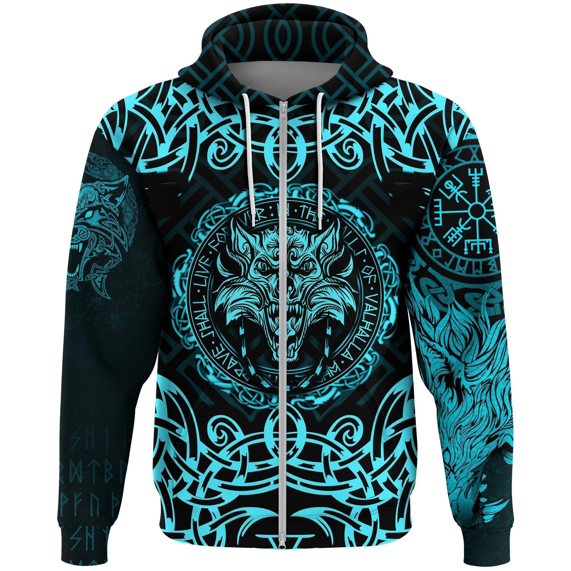Viking Zip Hoodie - Fenrir Viking Cyan 3D RLT12