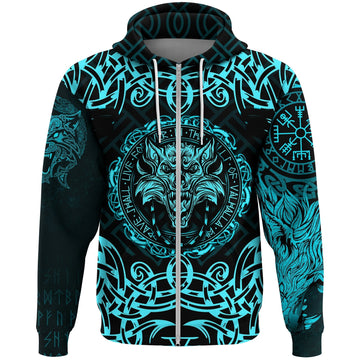 Viking Zip Hoodie - Fenrir Viking Cyan 3D RLT12
