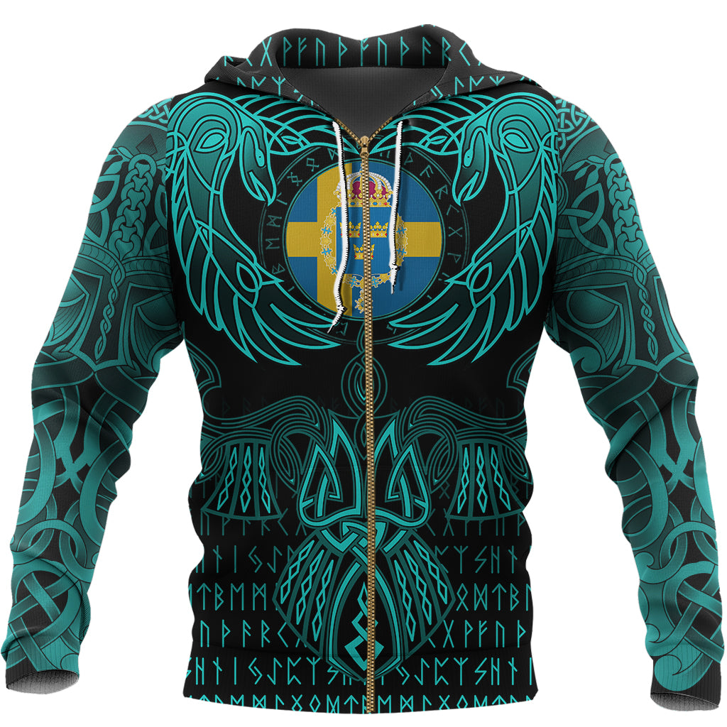 Viking Sweden Zip Hoodie Valknut of Odin Cyan RLT12