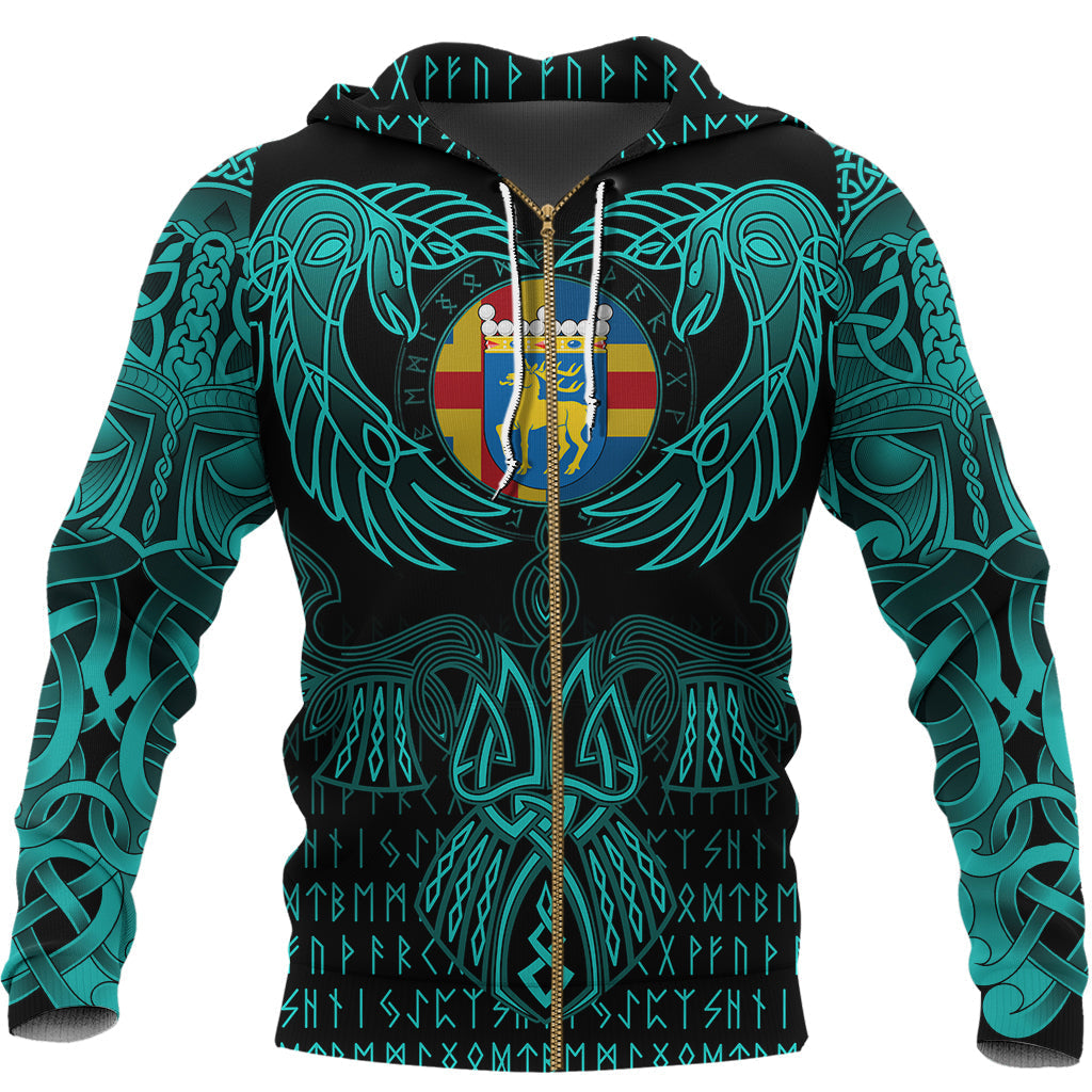 Viking Aaland Islands Zip Hoodie Valknut of Odin Cyan RLT12