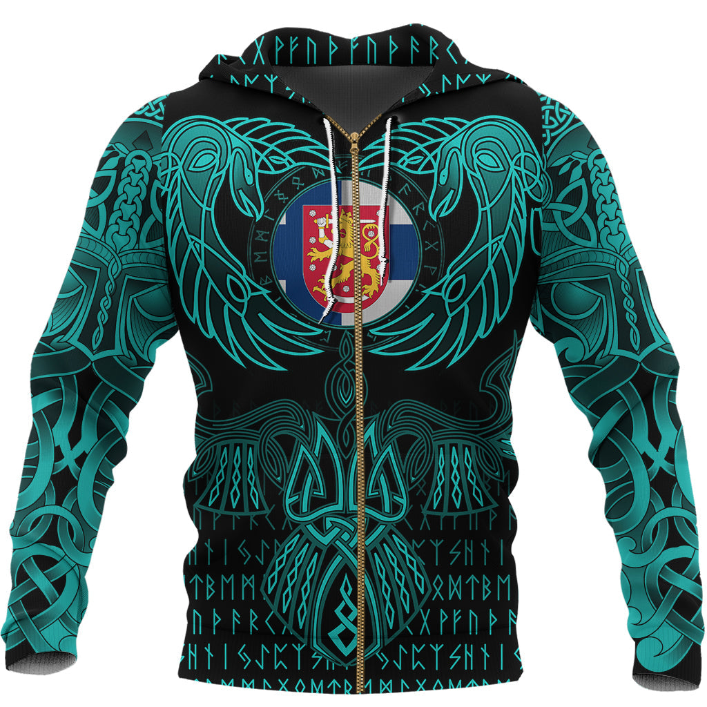 Viking Finland Zip Hoodie Valknut of Odin Cyan RLT12