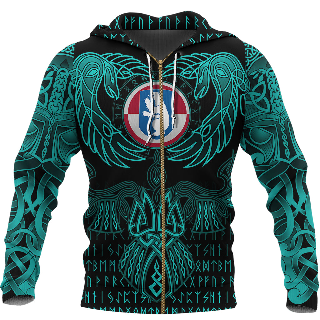 Viking Greenland Zip Hoodie Valknut of Odin Cyan RLT12