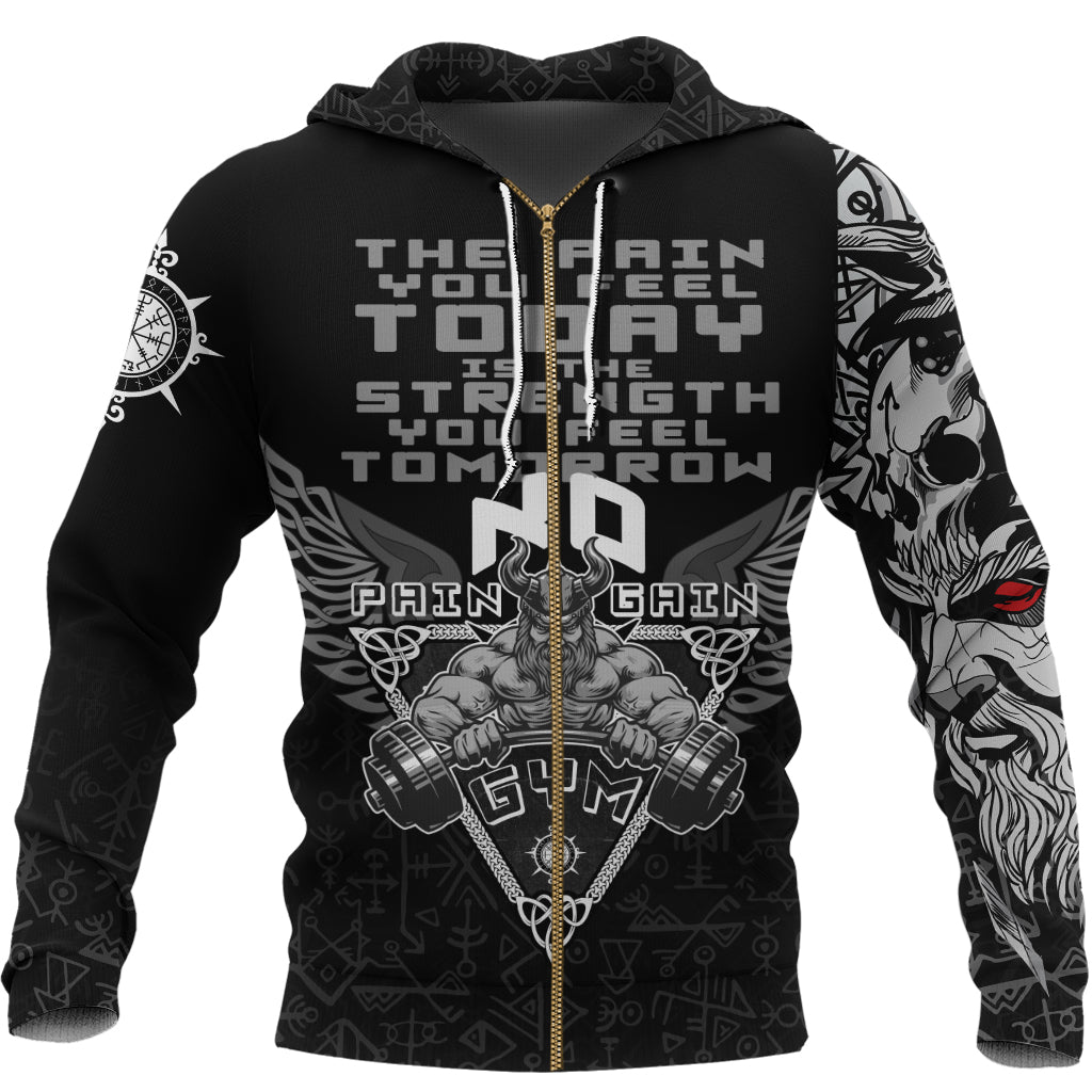 Viking Zip Hoodie - Viking Gym Vegvisir Style "No Pain No Gain" RLT12