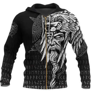 Viking Zip Hoodie Odin Raven and Fenrir On Hand RLT12
