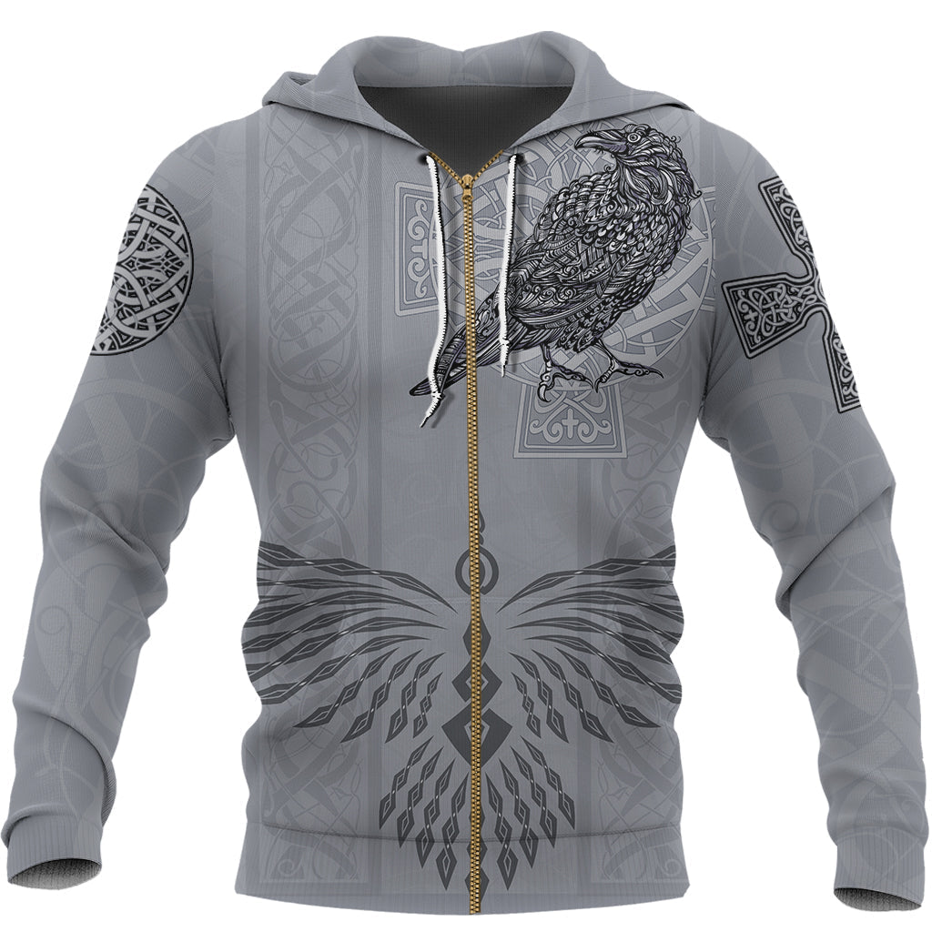 Viking Zip Hoodie - Odins Celtic Raven - Scandinavian Tattoo RLT12