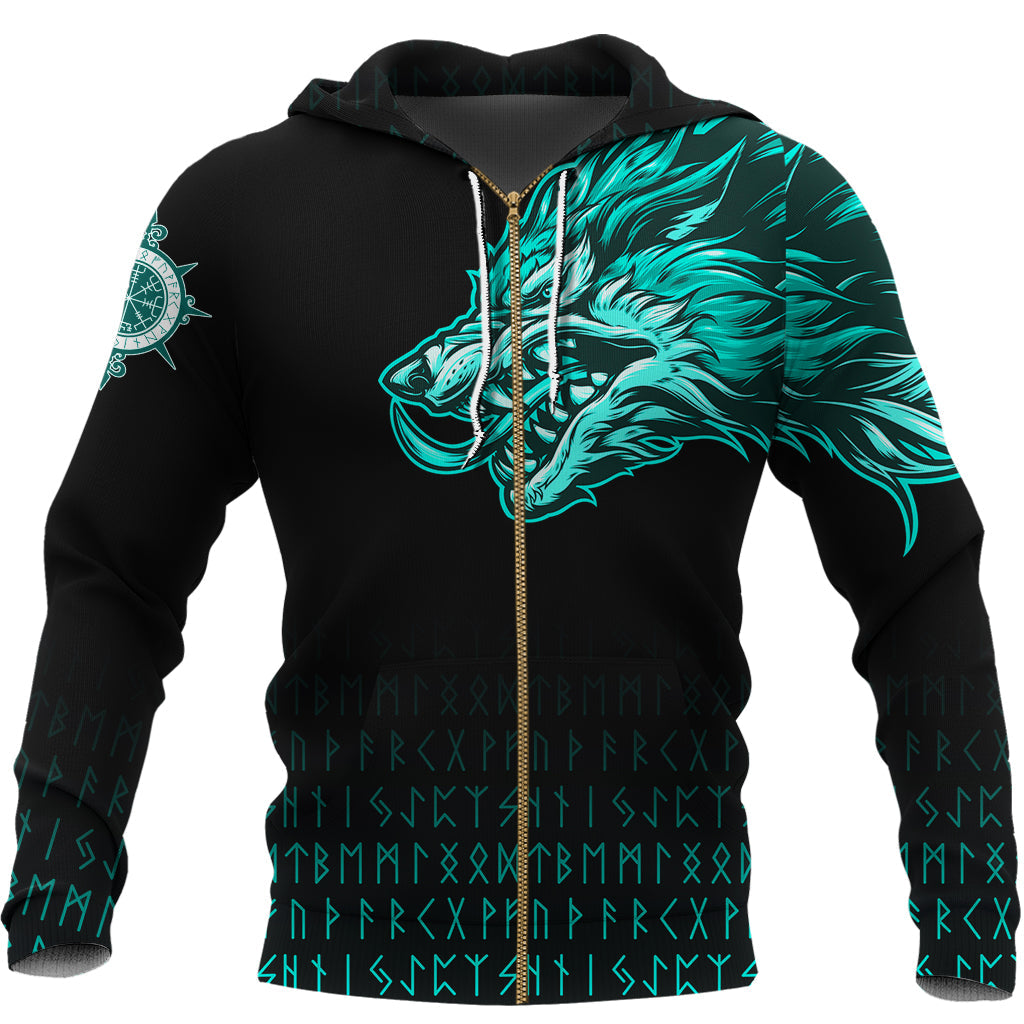 Viking Zip Hoodie Fenrir Wolf Cyan Near Shoulder RLT12