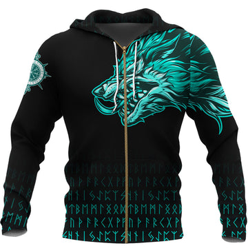 Viking Zip Hoodie Fenrir Wolf Cyan Near Shoulder RLT12