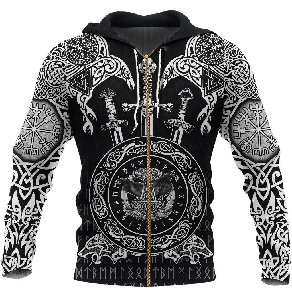 Viking Zip Hoodie - Huginn and Muniin With Mjolnir RLT12
