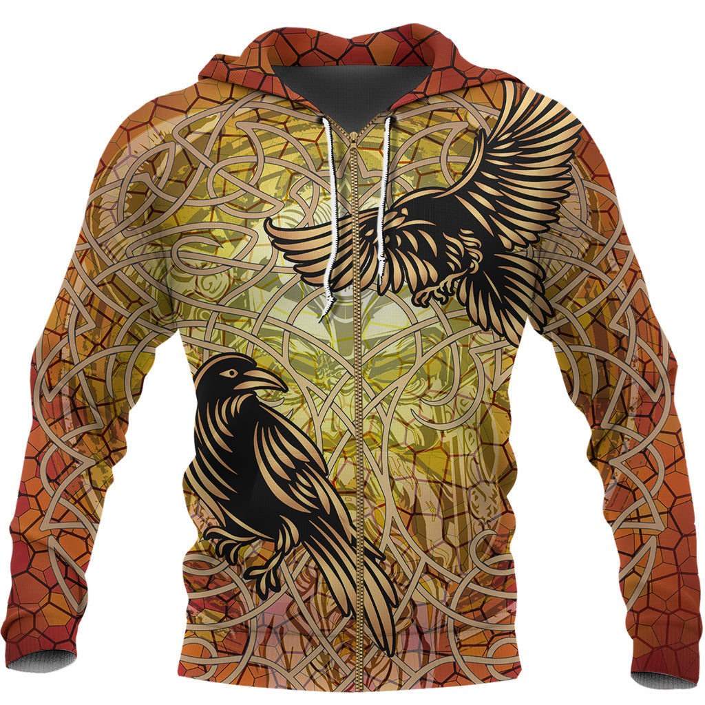 Viking Celtic Symbol Zip Hoodie Huginn and Muninn Of Odin On Yggdrasil Gold RLT12