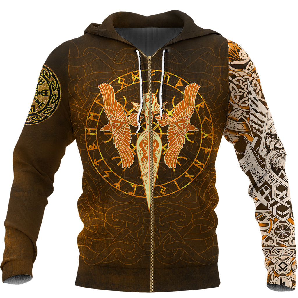 Viking Zip Hoodie Gold Spear Of The God Odin - Gungnir and Two Gold Ravens RLT12