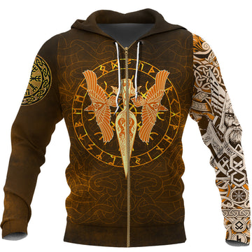 Viking Zip Hoodie Gold Spear Of The God Odin - Gungnir and Two Gold Ravens RLT12