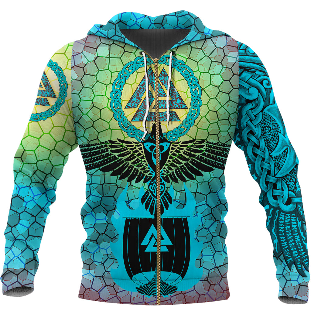 Viking Zip Hoodie - Raven Of Odin and Drakkar On Fire On Vignette Cyan Valknut RLT12