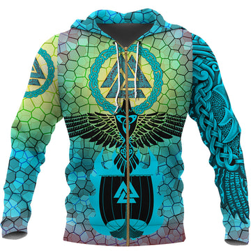 Viking Zip Hoodie - Raven Of Odin and Drakkar On Fire On Vignette Cyan Valknut RLT12