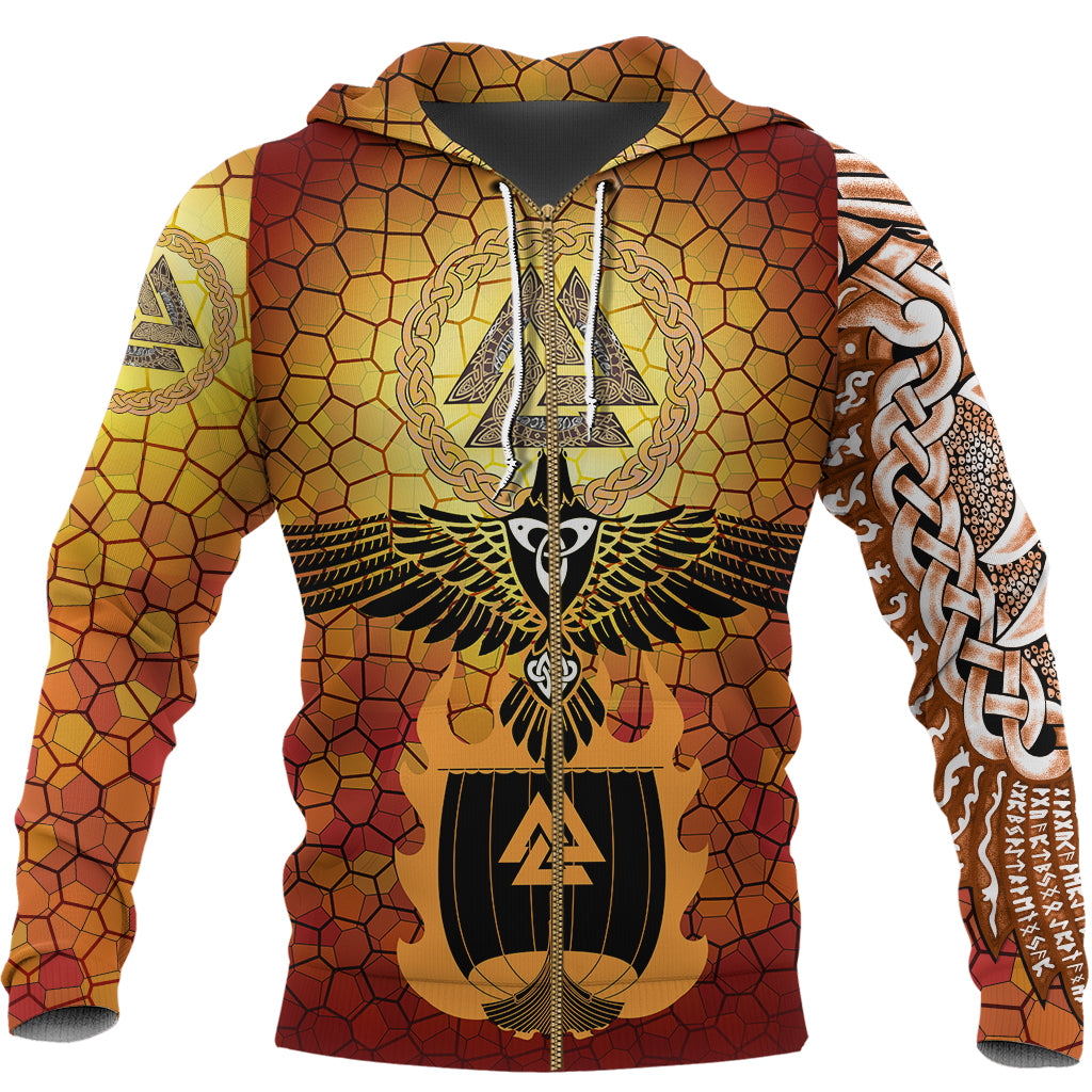 Viking Zip Hoodie - Raven Of Odin and Drakkar On Fire On Vignette Gold Valknut RLT12