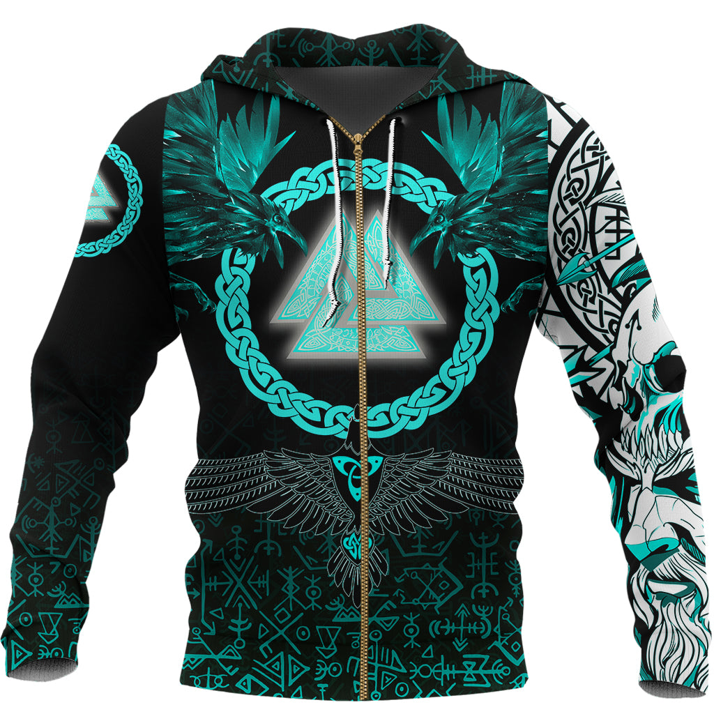 Viking Zip Hoodie Three Raven and Valknut Cyan RLT12