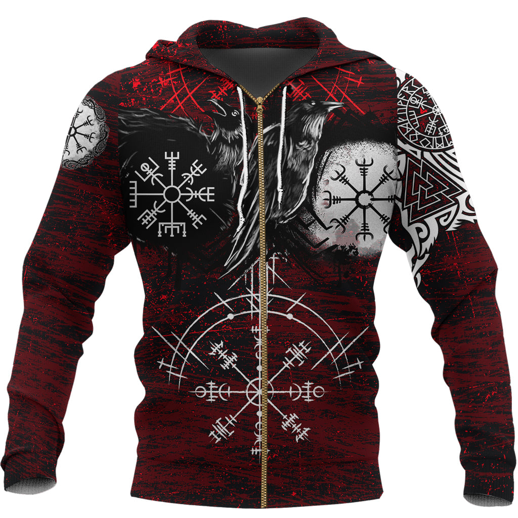 Viking Zip Hoodie Raven Of Odin and Symbol Viking On Blood Background RLT12