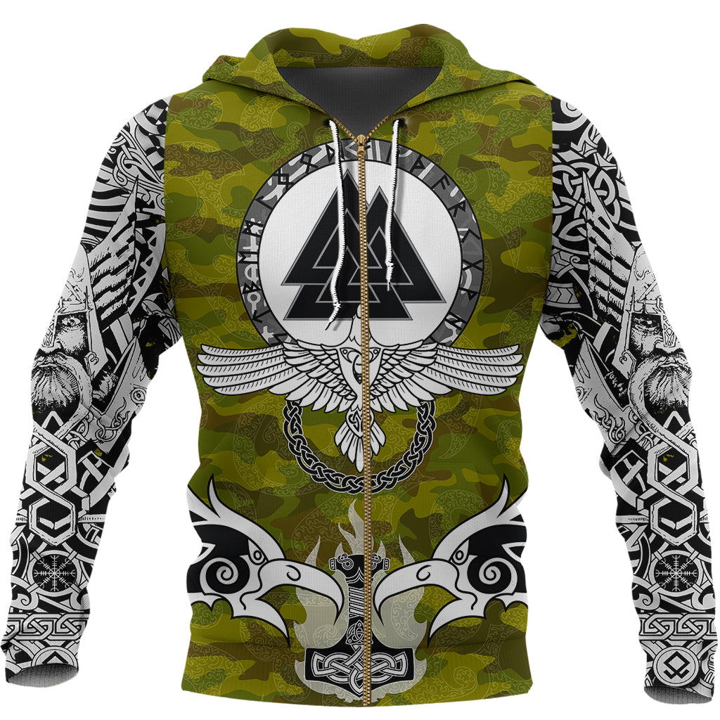 Viking Zip Hoodie Raven Of Odin and Symbol Viking On Camo Background RLT12