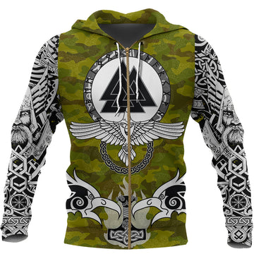 Viking Zip Hoodie Raven Of Odin and Symbol Viking On Camo Background RLT12